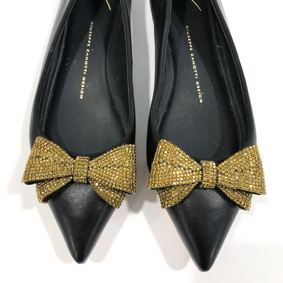 Giuseppe Zanotti Crystal Bow Black Leather Flats Pointed Toe - Picture 8 of 14